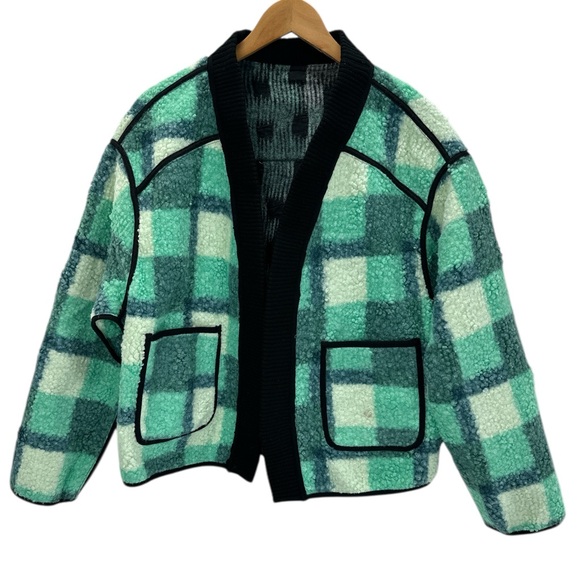 Highland Park Textured Plaid Sherpa Jacket Green Black Trim Streetwear Grunge L - Picture 2 of 10